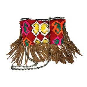 Moroccan Rug Bag, Suede Leather Fringe Tassel Purse Clutch